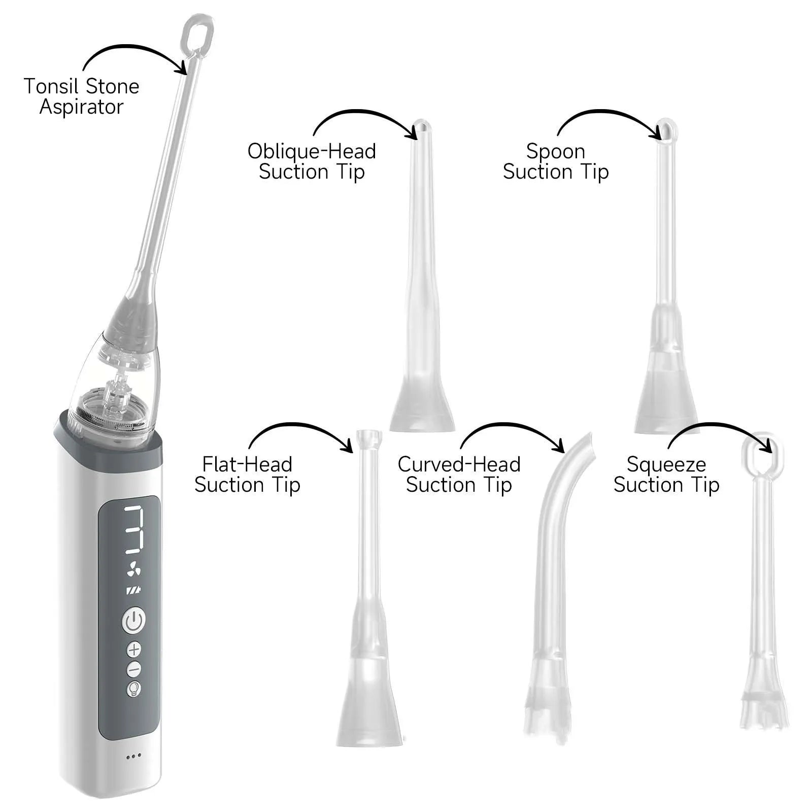Milky white plastic tonsil stone extractor oral cleaning tool on a white background.