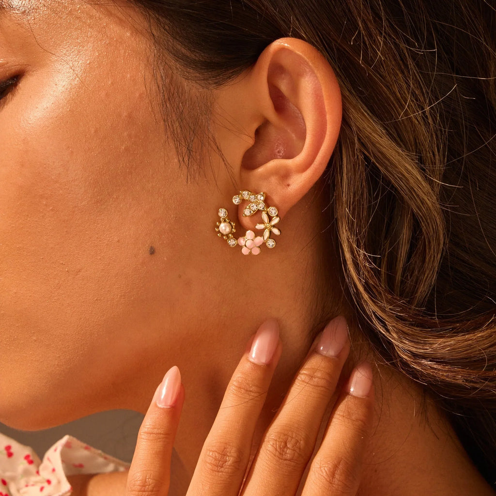 Gold-plated flower stud earrings with colourful oil diamond centre and petal design on stainless steel