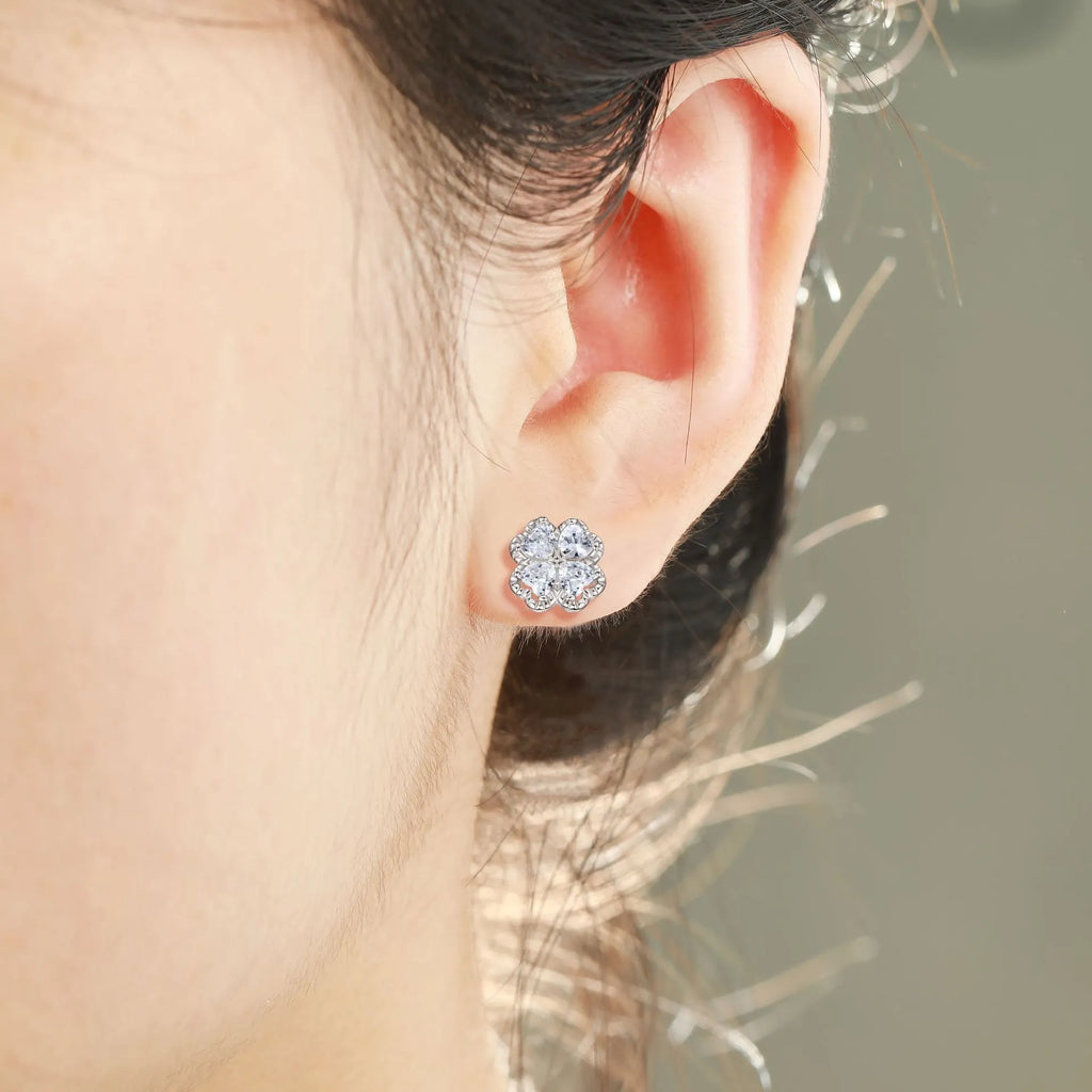Women's white gold colour heart-shaped 925 silver earrings with zircon stones and four-leaf clover design