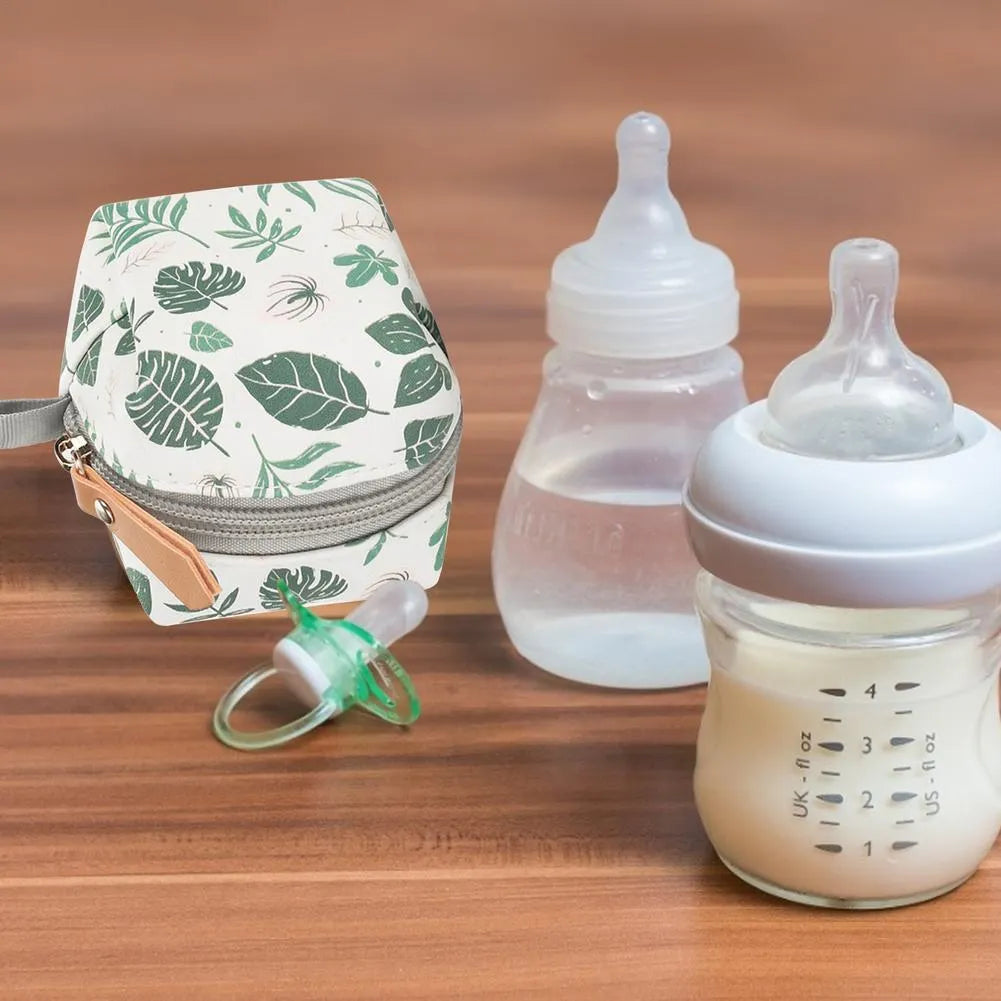 Baby pacifier holder case with PU leather outer and nylon lining, 10cm diameter, holds 2 pacifiers