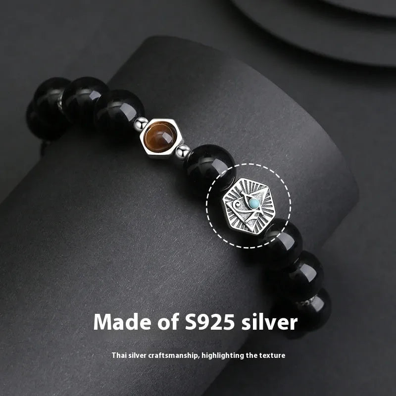 Men's S925 sterling silver bracelet with tigereye obsidian bead and God's Eye inlay design