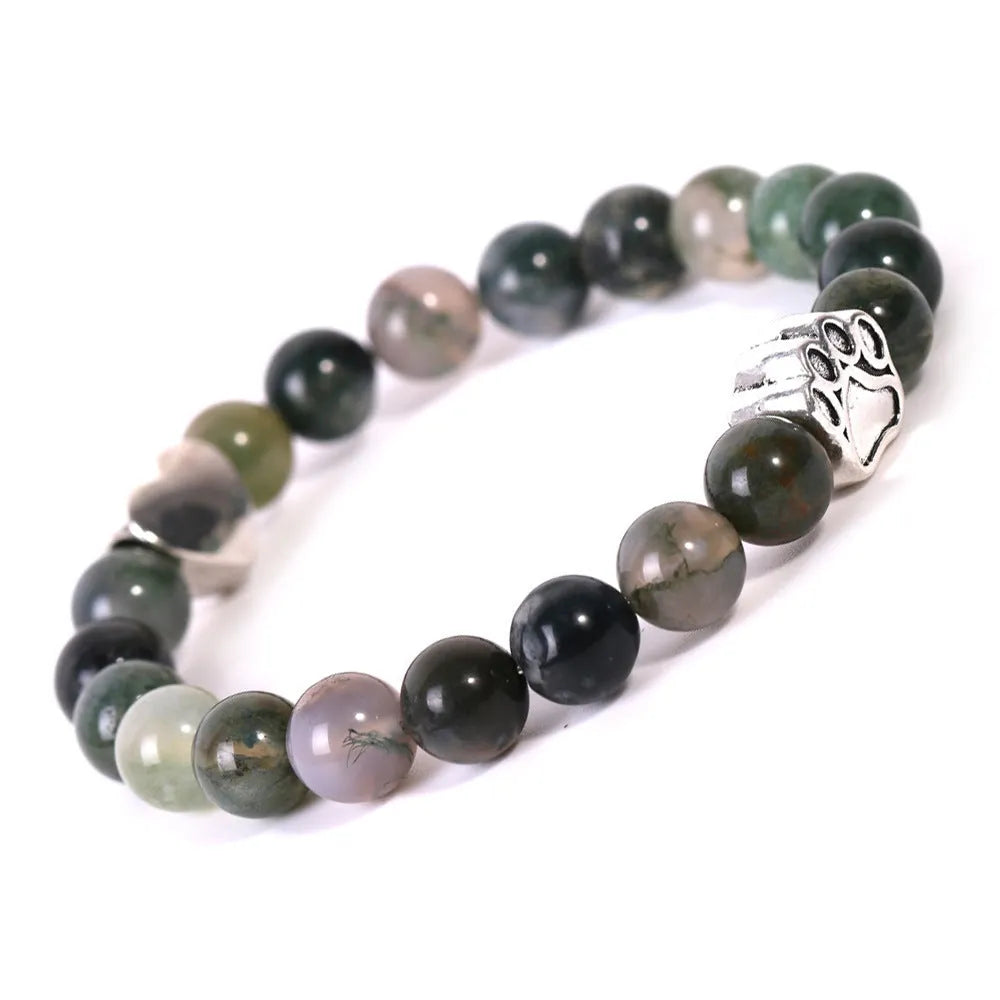 Polished tigereye and Indian agate bracelet with a geometric dog's paw design and love heart charm.