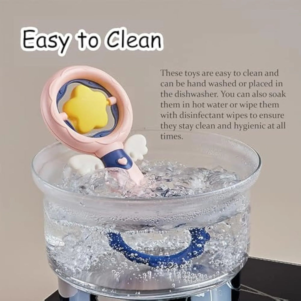 Four interactive dog toys for dental care and boredom, showing durable construction and safety features