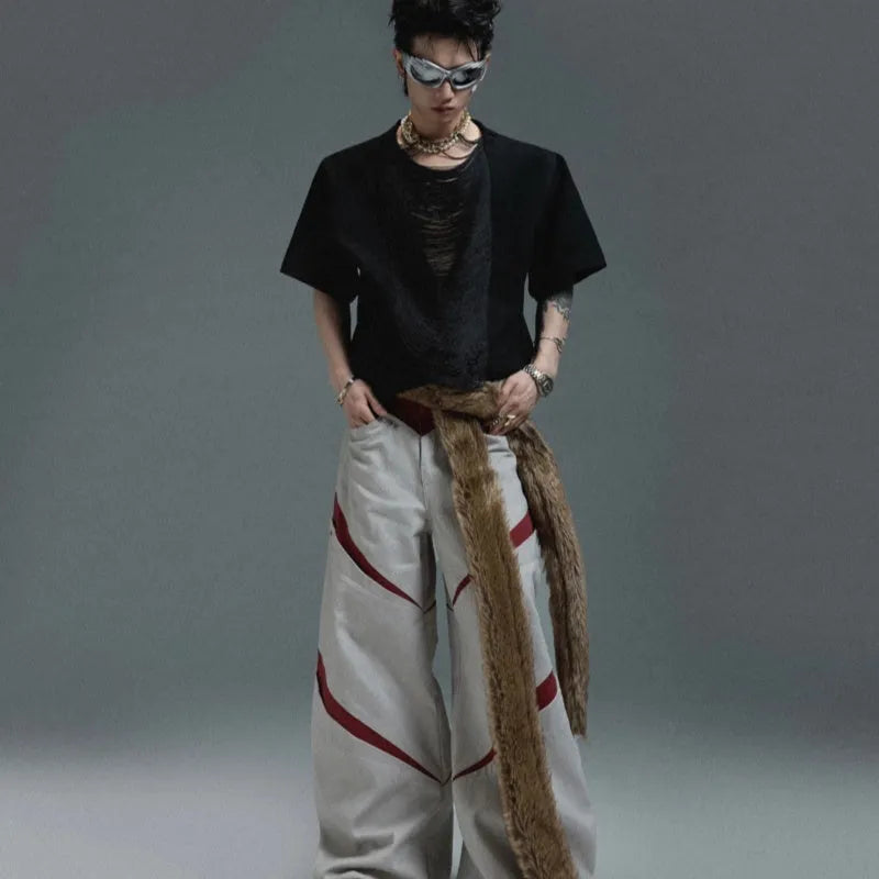 Men's drum black hollow out V-neck T-shirt with short sleeves and tassel detail