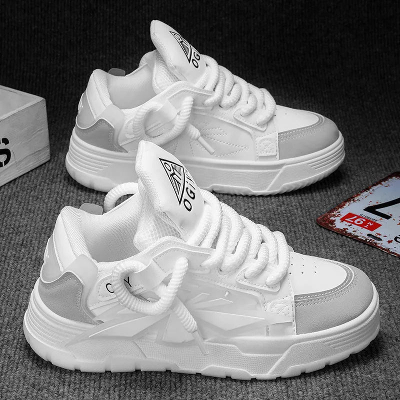 Men's white chunky sneakers with cartoon pattern, thick rubber sole, and lace-up front.