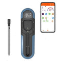 Bluetooth BBQ thermometer in grey, blue or orange, 175x49x20mm, with wireless app control and IP66 waterproof rating.