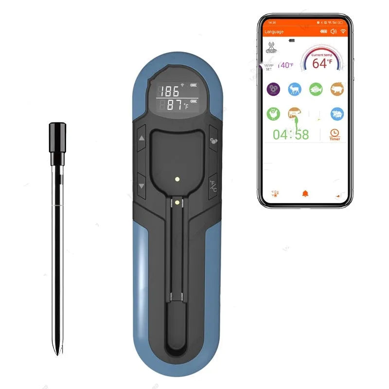 Bluetooth BBQ thermometer in grey, blue or orange, 175x49x20mm, with wireless app control and IP66 waterproof rating.