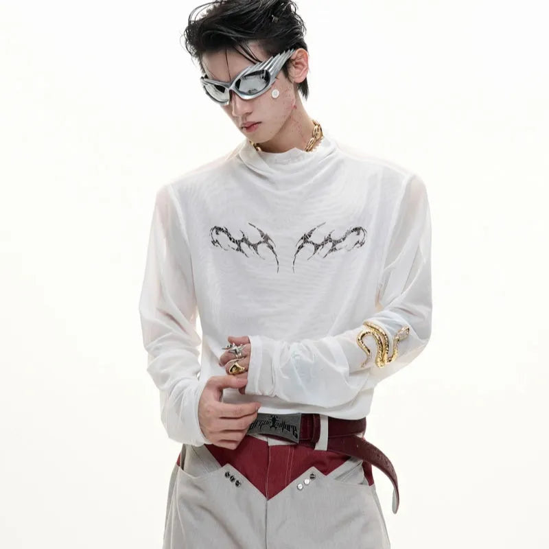 Mesh ice-feeling slim bottoming shirt in black or white with long sleeves and close-fitting Asian sizing