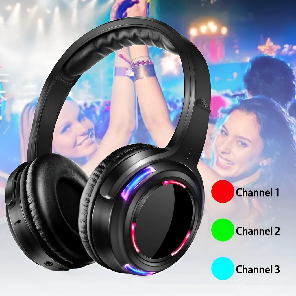 Black silent disco wireless headphones with 40mm speakers and 3.5mm plug for party events