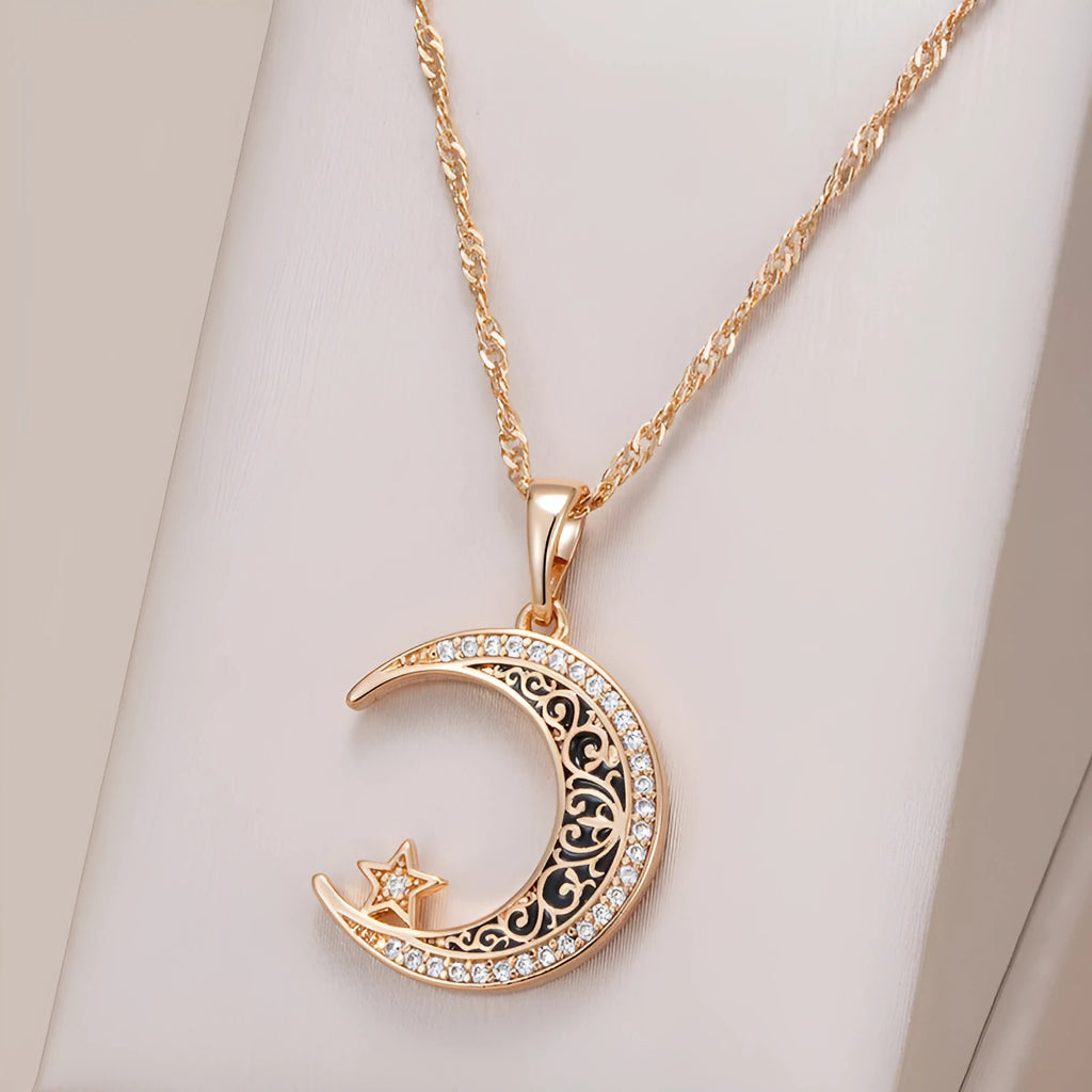 Rose gold star and moon necklace with zircon stones on adjustable water wave chain