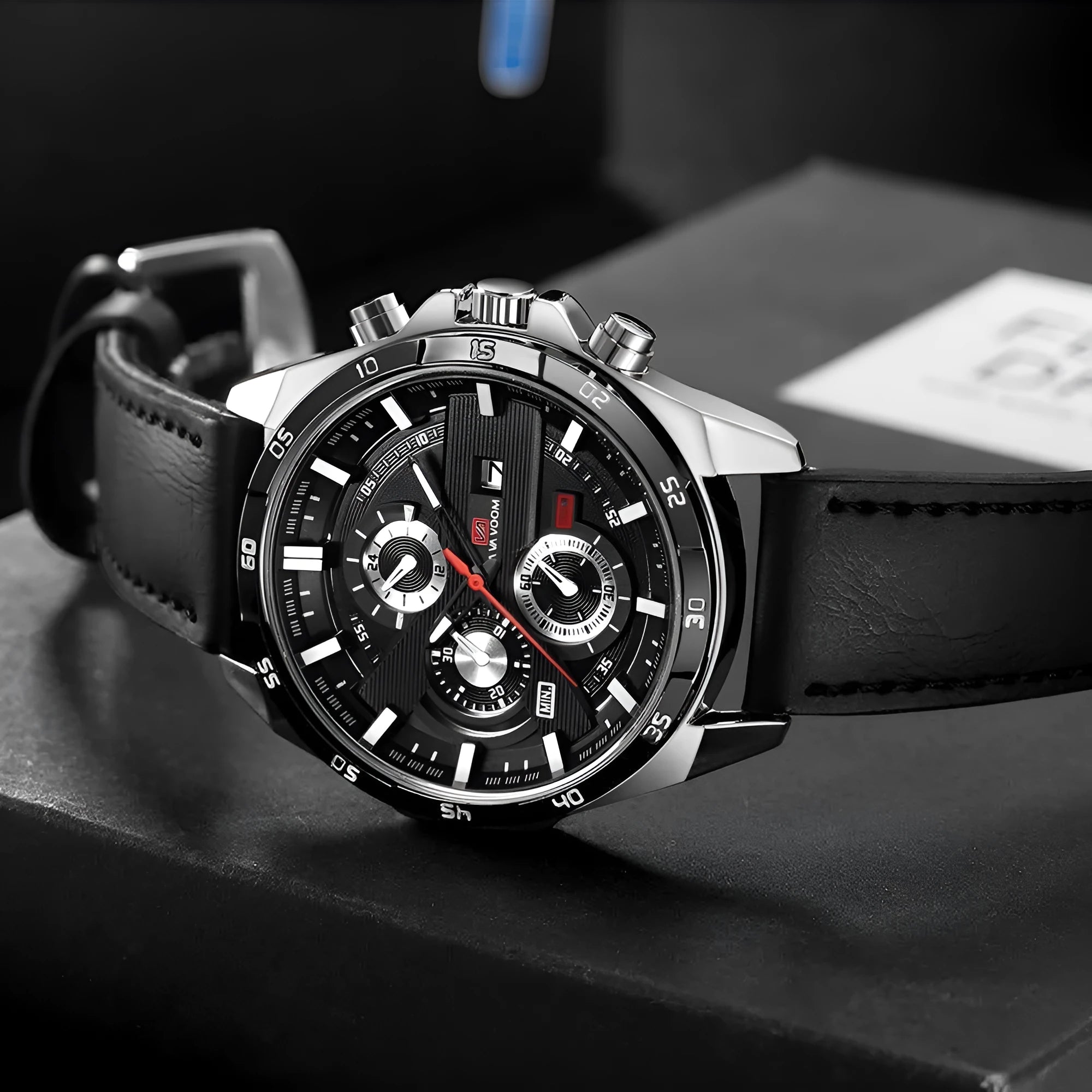 Men's business calendar waterproof quartz watch showing 10mm thickness and colour options