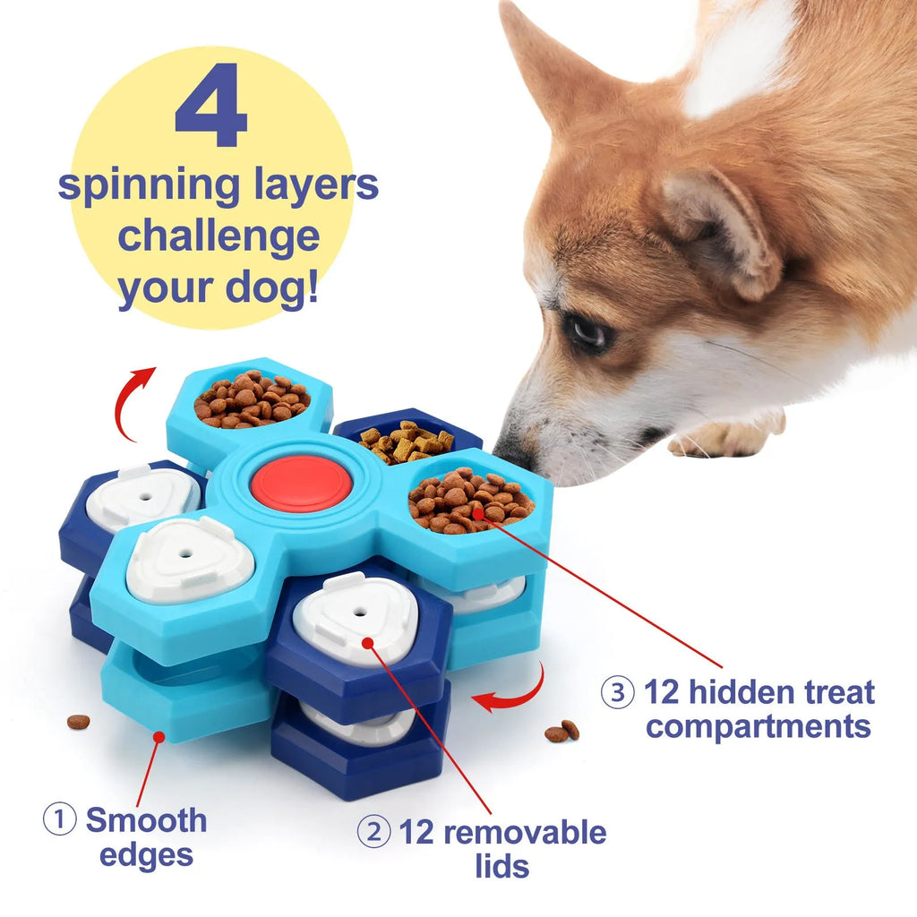 Blue plastic 4-layer slow feeder puzzle dog bowl with non-slip base assembly