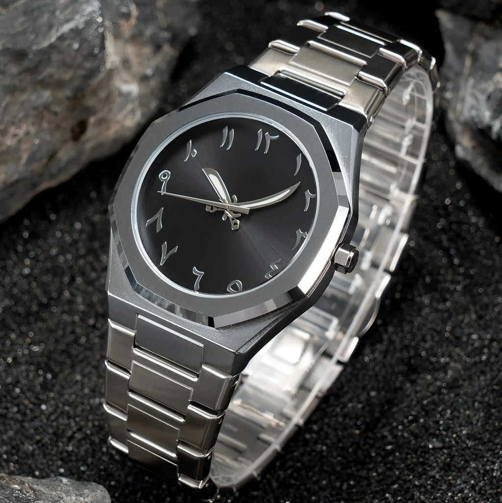 Men's business casual watch with stainless steel belt and black dial, 10mm thickness
