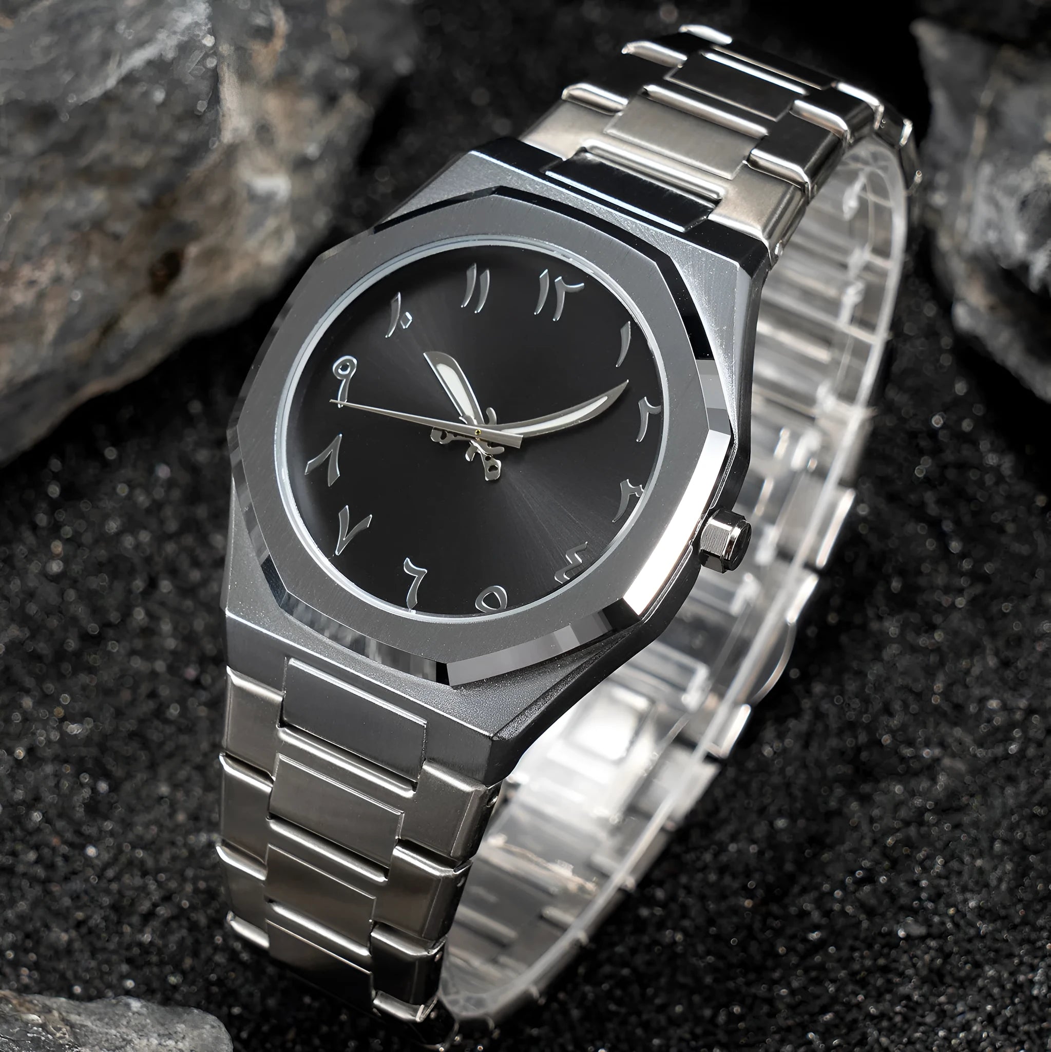 Men's business casual watch with stainless steel belt and black dial, 10mm thickness