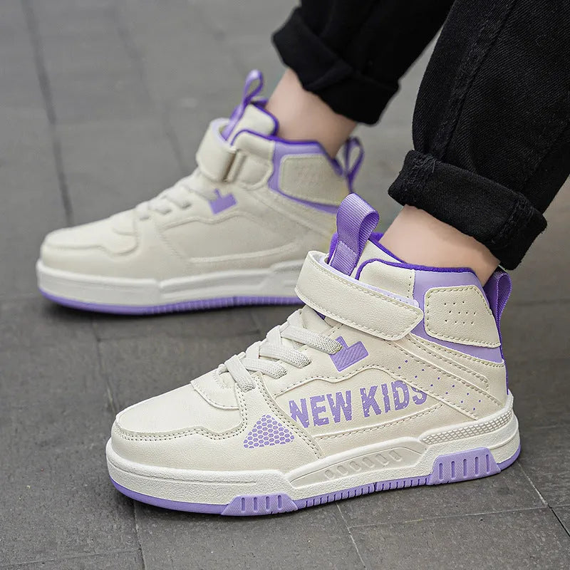 Children's street sneakers in beige green with a buckle fastener and rubber sole.