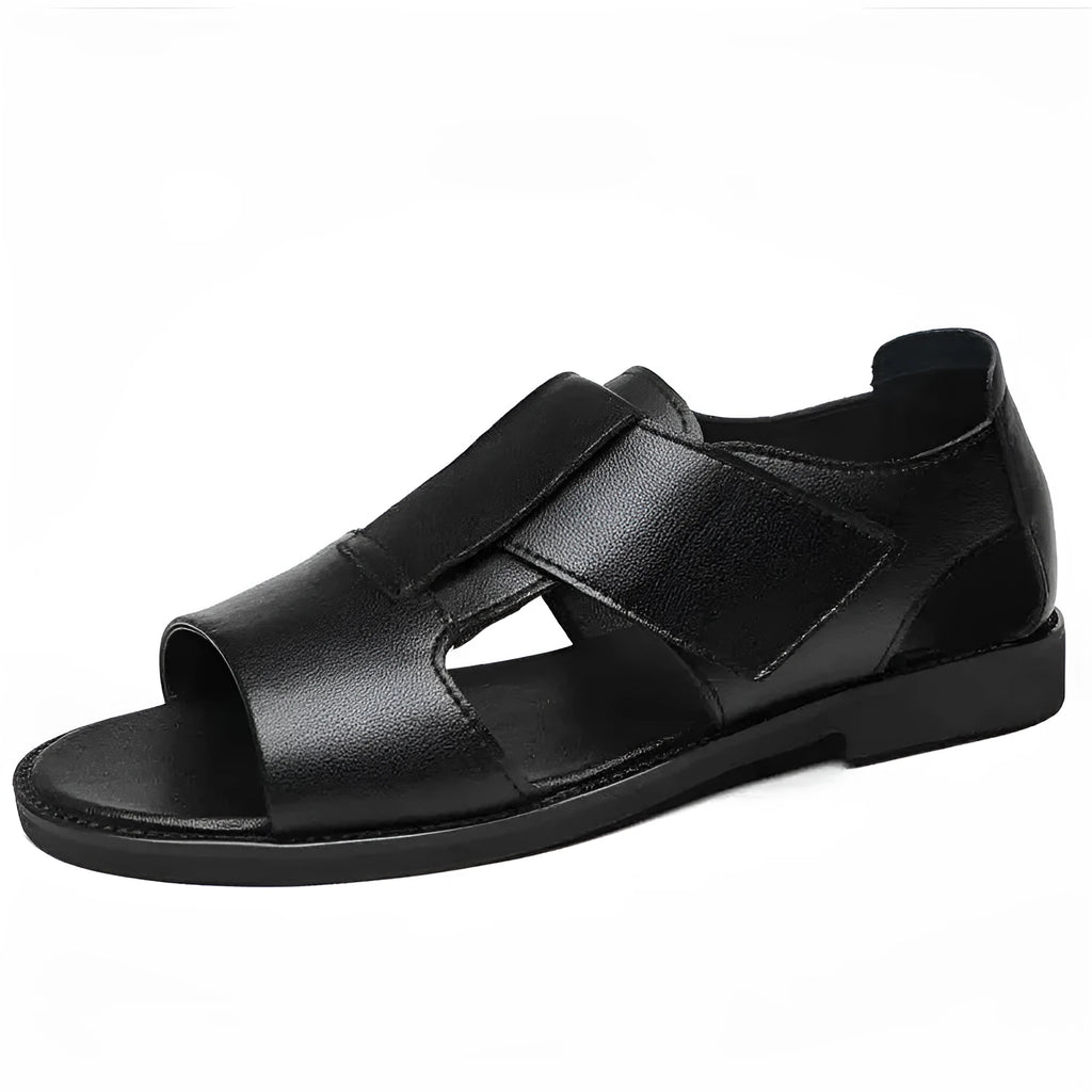 Men's black and brown casual sandals with cowhide upper and rubber sole