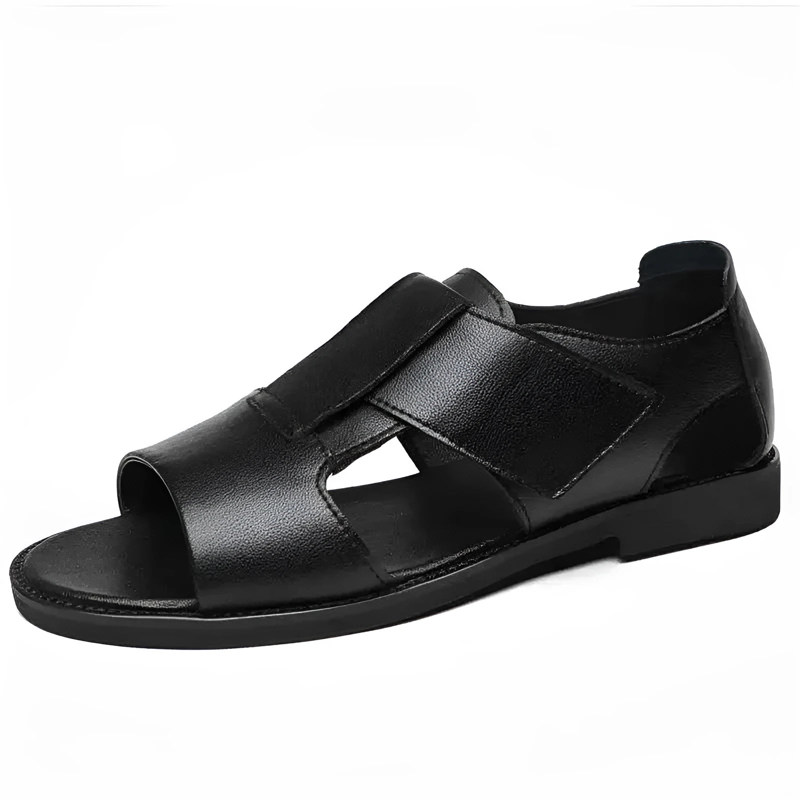 Men's black and brown casual sandals with cowhide upper and rubber sole