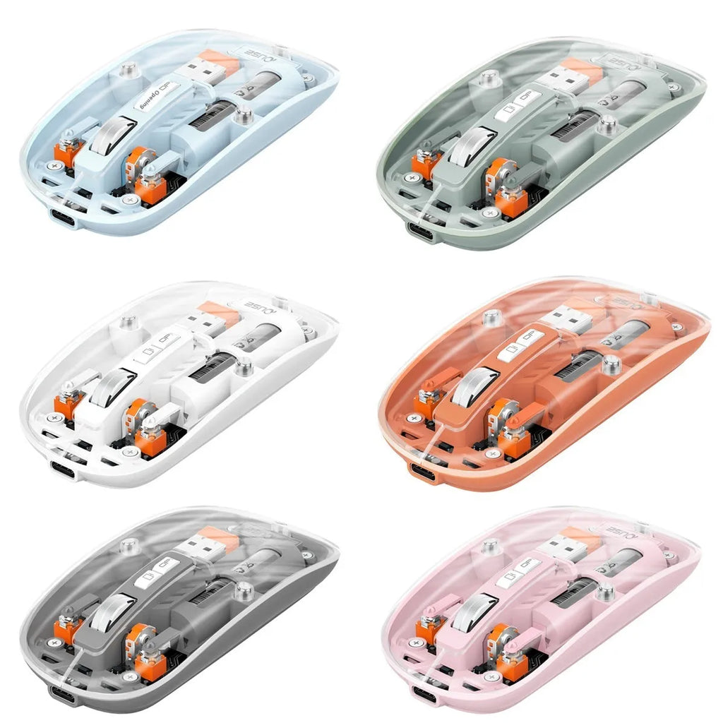 Transparent wireless computer mouse with USB connector showing internal components