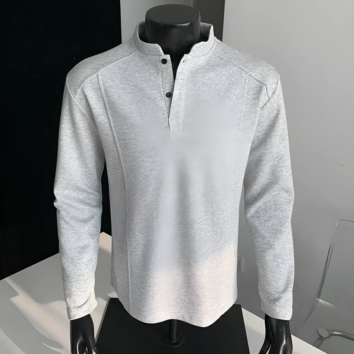 Men's long sleeve patchwork sweater with stand-up collar in heather gray Chinese cotton fabric