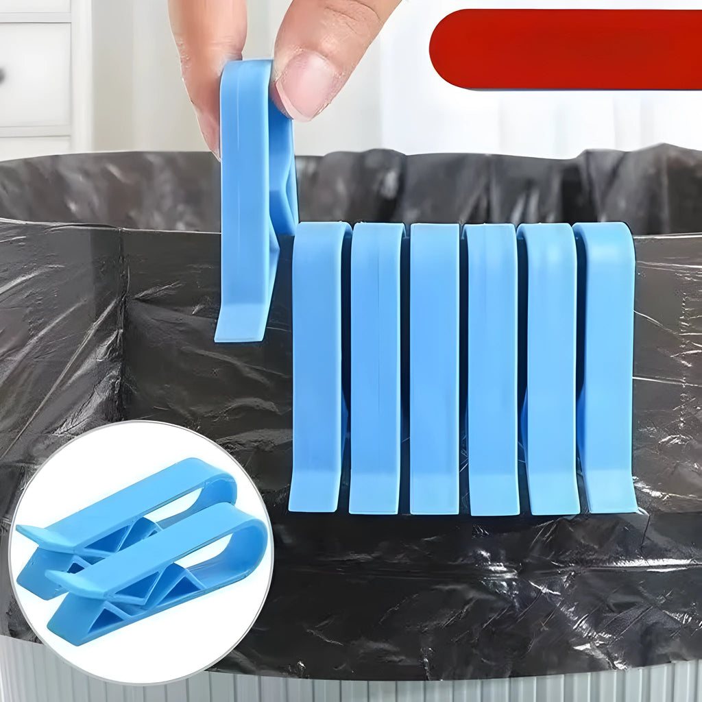 Polypropylene garbage bag fixing clip for holding bin liners securely to trash can sides.