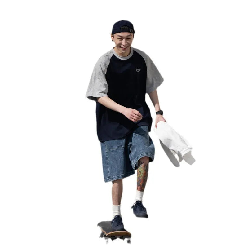 Men's Japanese junior raglan sleeve t-shirt in blue, green and grey colours