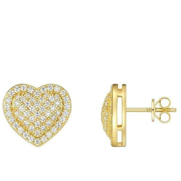 A pair of simple gold-tone heart-shaped stud earrings with a moissanite stone, shown from the front.