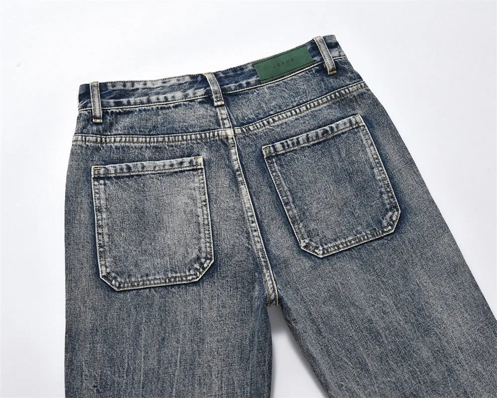 Blue cotton denim loose straight trousers for men, casual punk style, sizes S to XXL