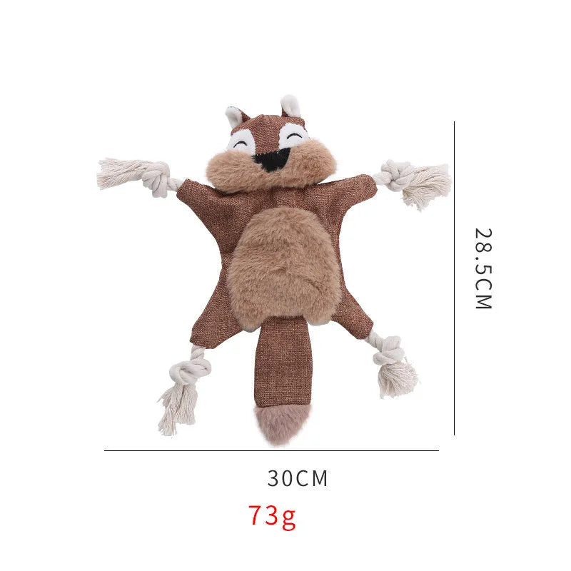 Brown plush fox dog toy with cotton rope limbs and embroidered eyes on a white background.