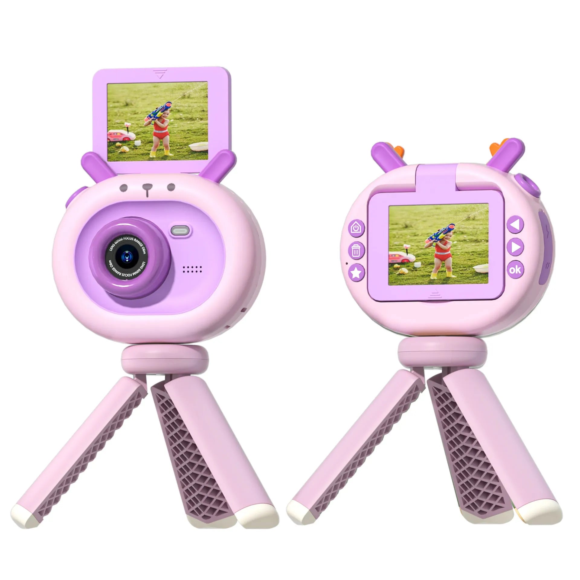 Purple and dark green children's digital camera with flip screen, silicone case lanyard, and USB cable