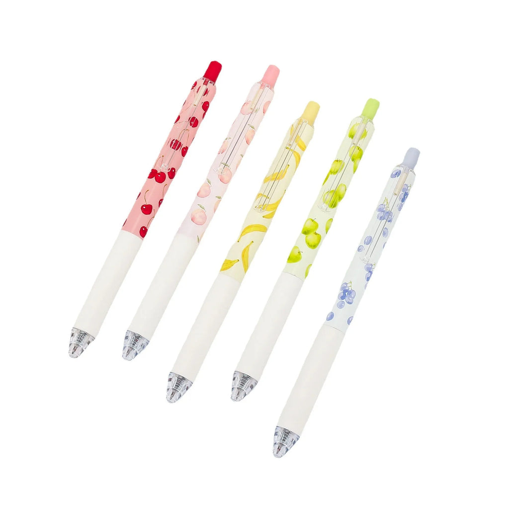 Three fruit scented pressurised pens with 0.5mm black ink and press-action mechanism