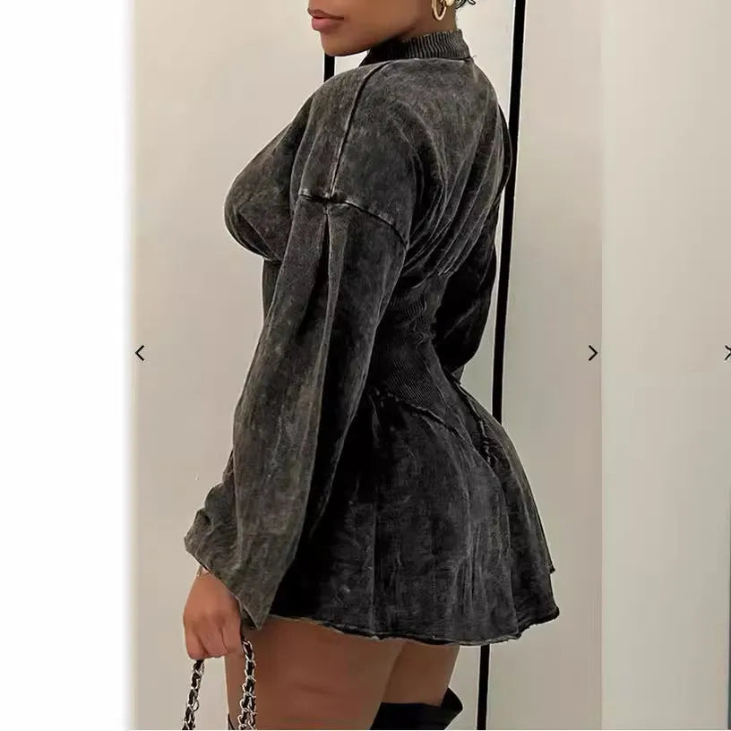 Grey women's dress with digital printing and drawstring waist in A-line silhouette