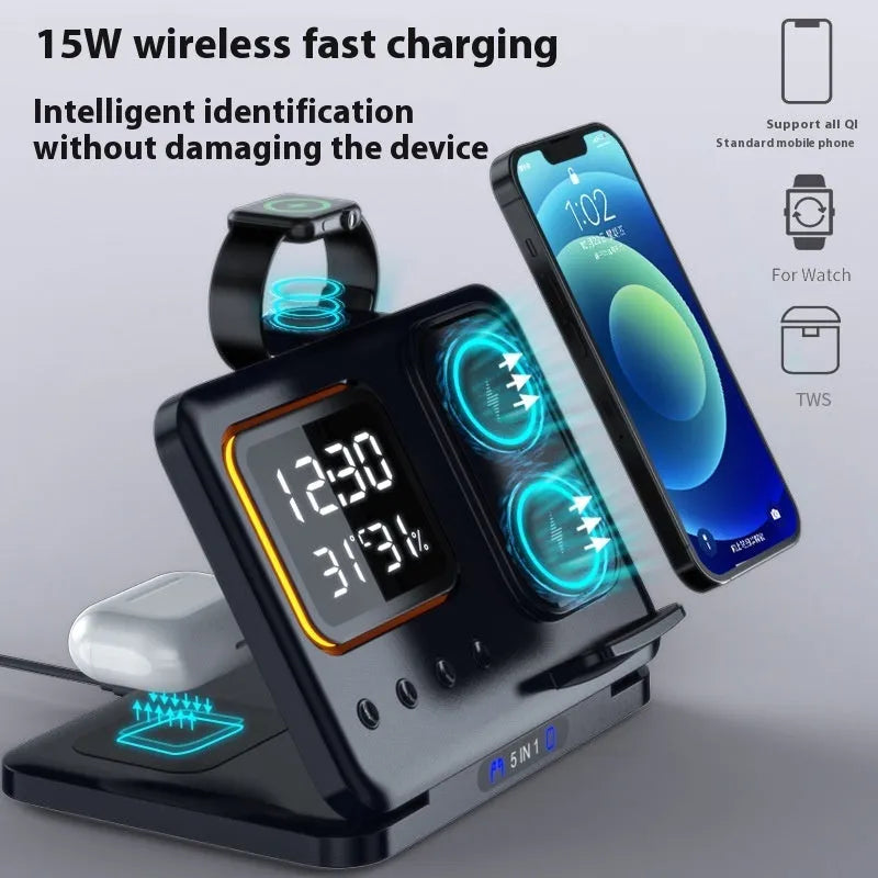 Black and white 15W wireless charging stand with LED digital display showing time, humidity and temperature readings