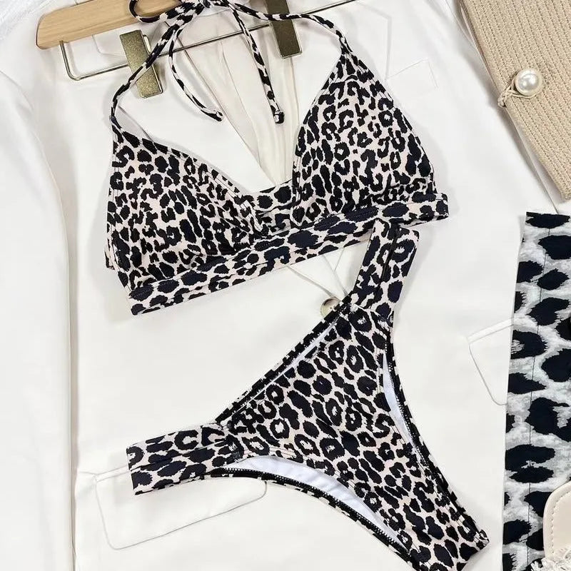 Women's leopard-print high-waist bikini set in polyester for swimming and wading, sizes S M L