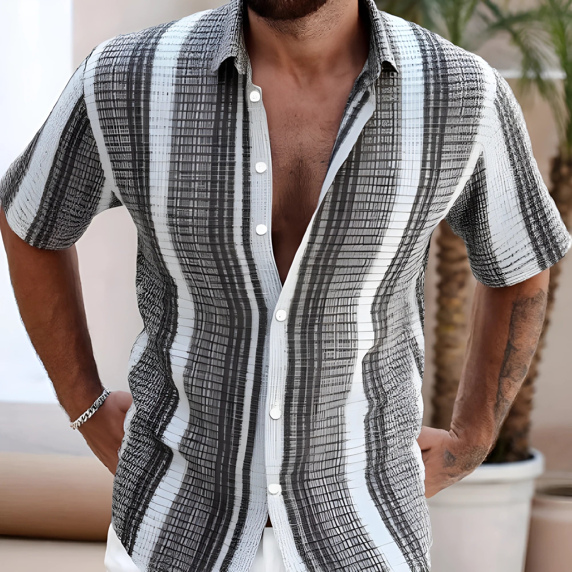 Men's slim fit short sleeve shirt with colourful 3D floral digital print on polyester fabric.