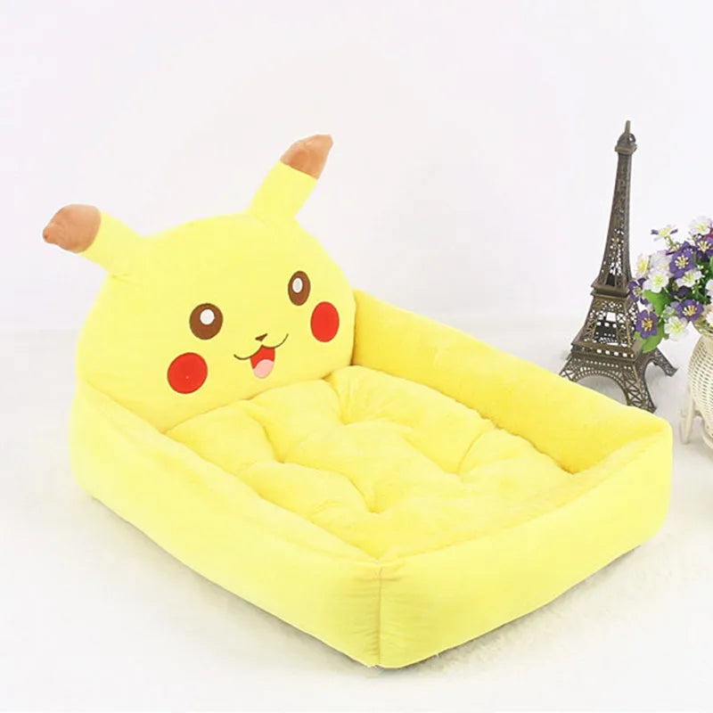 Cartoon print washable pet sofa bed for a small dog or cat, shown in blue, brown, gray, pink, or yellow.