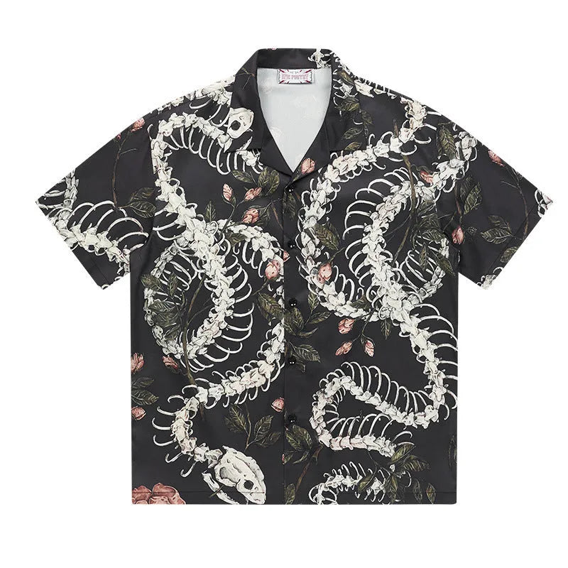 Men's short sleeve Cuban collar shirt with snake bone floral pattern in loose fit