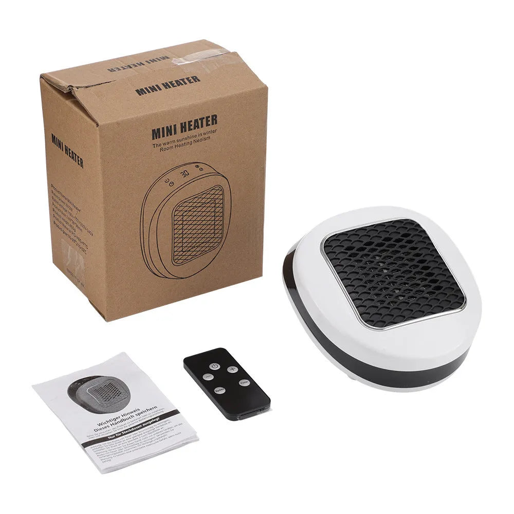 White ceramic electric heater with remote control on a table, showing air vent and control panel.