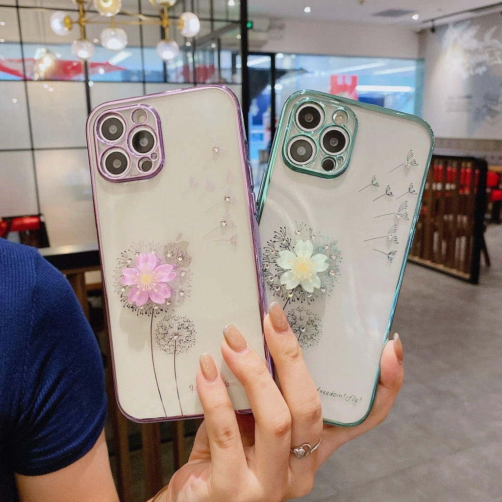 3D cute flower spin stand phone case for iPhone in green purple rose gold silver colours showing built-in screen protector