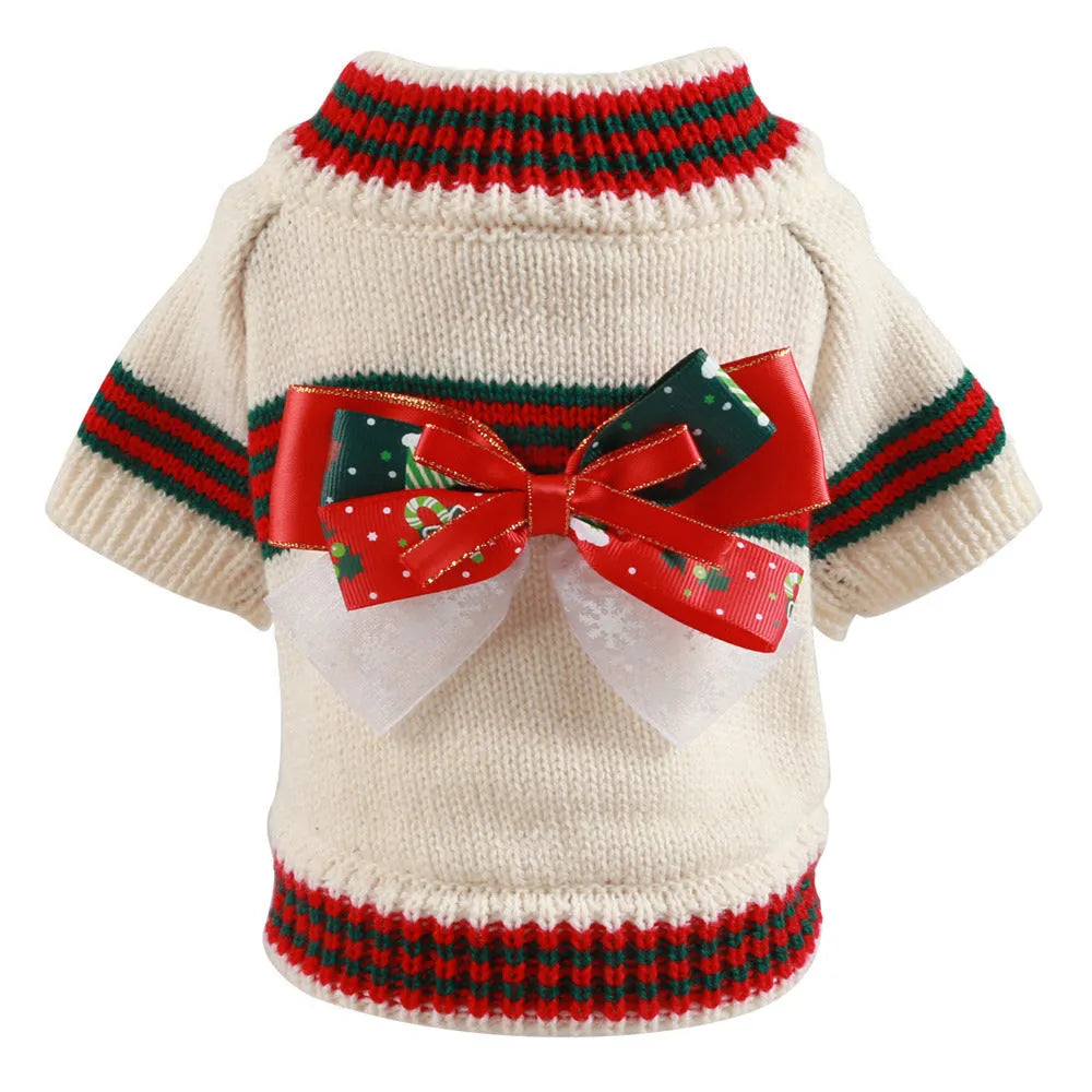 Red and green dog Christmas jumpers showing weight-based sizing from XS to XL for holiday pet wear