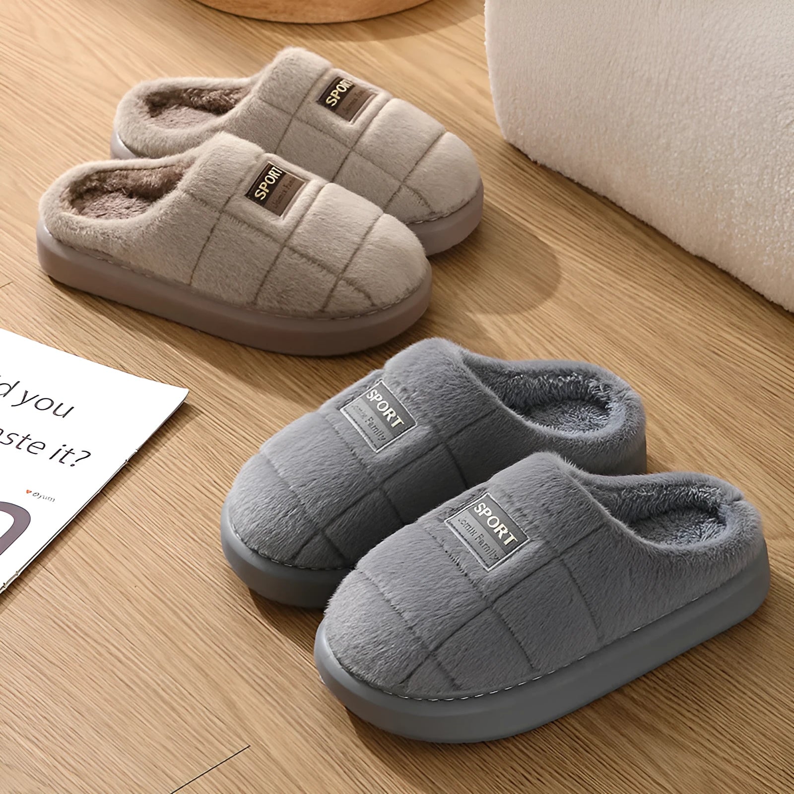 Men's grey and brown plaid winter slippers with thick wool lining and EVA soles