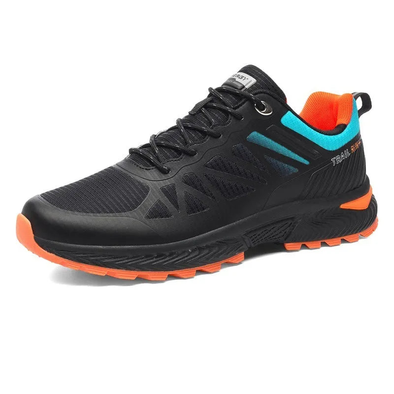 Men's black and orange plus size mesh running shoes with flat heel and round toe on a white background.