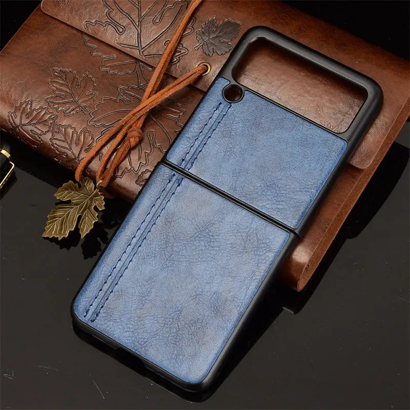 Cow pattern car thread PC leather phone case for Samsung Galaxy Z Flip 3 and Z Flip 4 in black, blue, wine red or yellow.