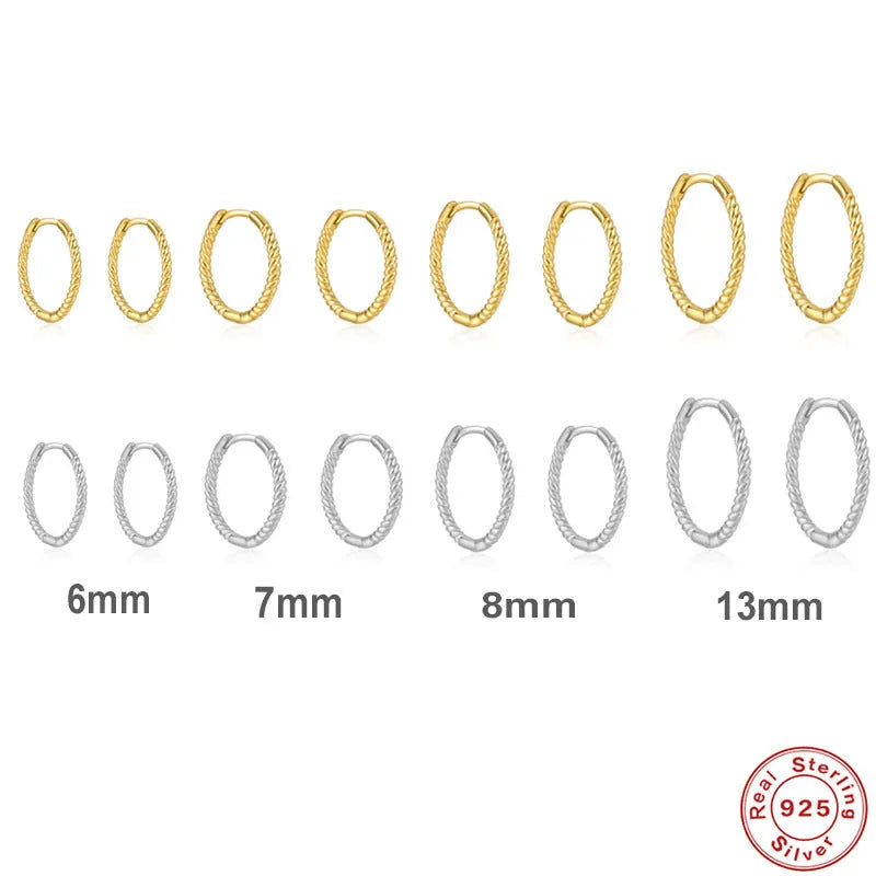 Twisted string round ring earrings in sterling silver with geometric design showing gold and platinum finish options