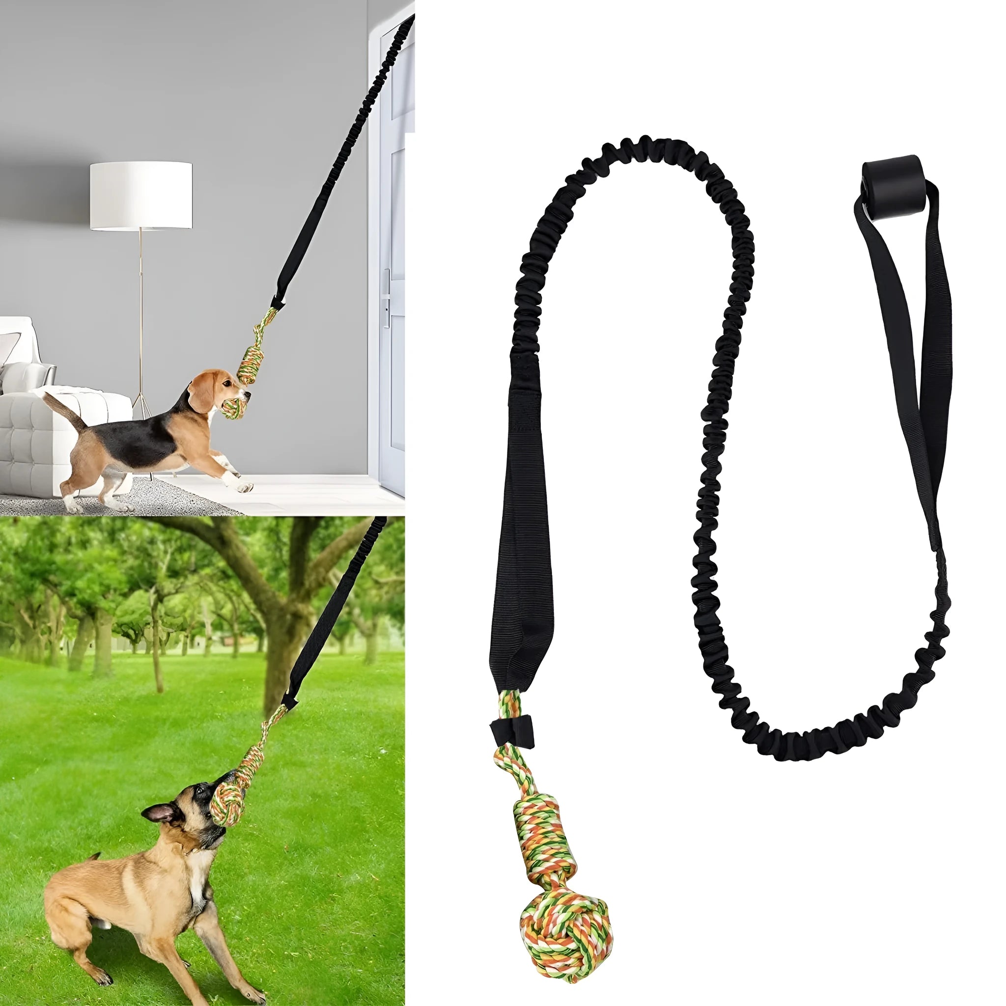 Dog tug of war rope toy made from twisted cotton thread in black, grey, and red colour options