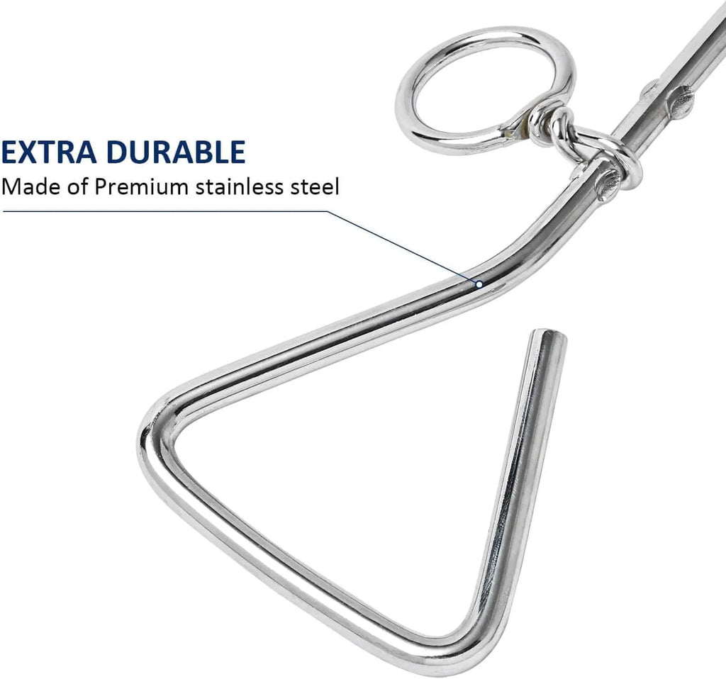 Silver spiral dog tie out stake made of solid steel for ground anchoring.