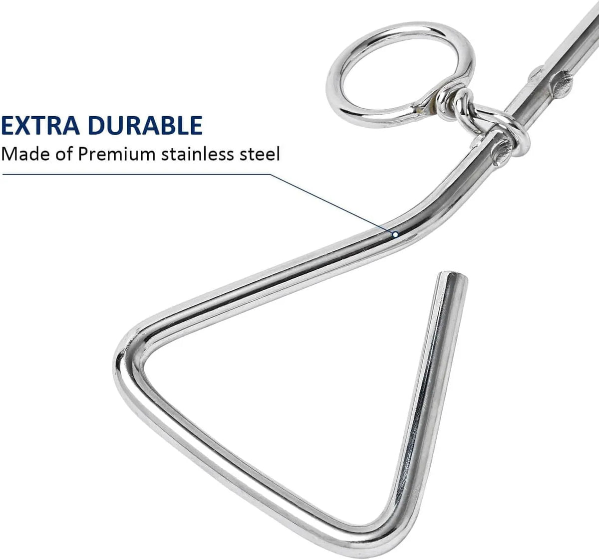 Silver spiral dog tie out stake made of solid steel for ground anchoring.