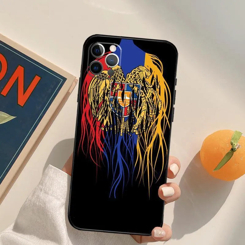 Black TPU soft shell phone case with Armenian flag design, compatible with iPhone 14 series models.