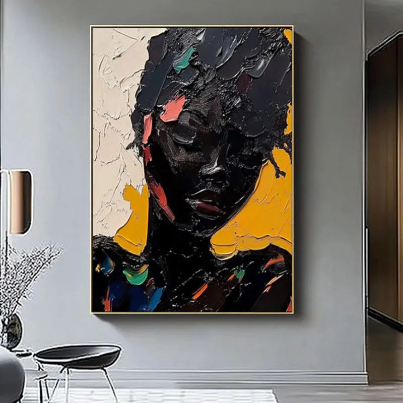 Hand-painted oil painting on canvas of an African woman in abstract graffiti street art style, vertical one-panel wall art.