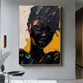 Hand-painted oil painting on canvas of an African woman in abstract graffiti street art style, vertical one-panel wall art.