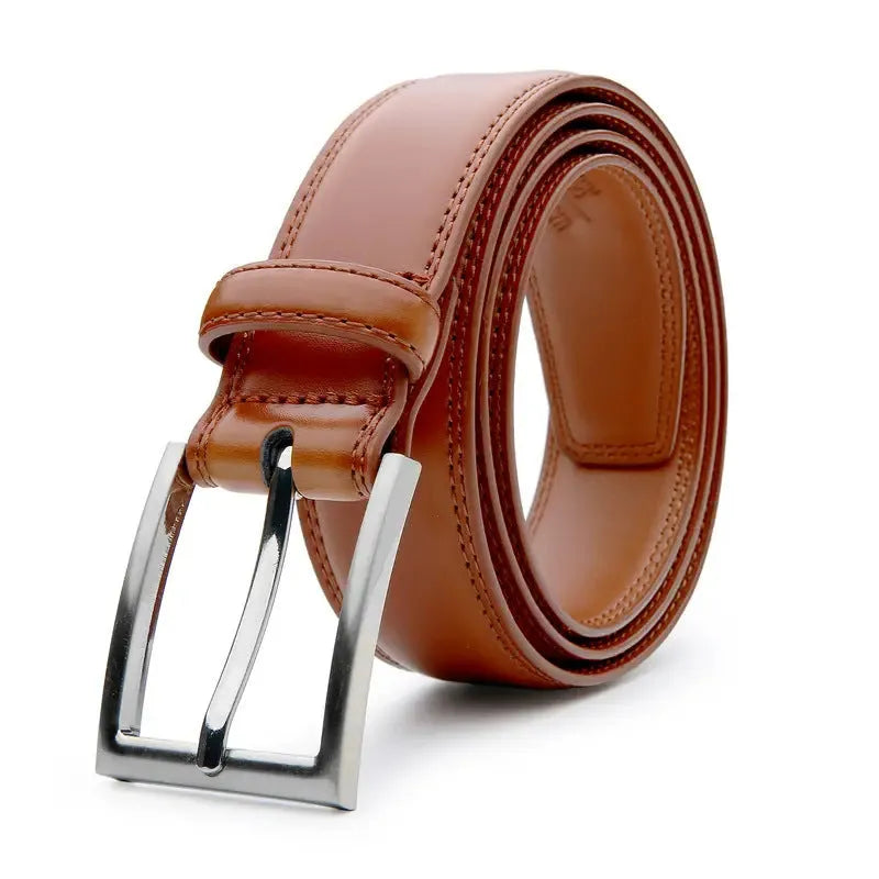 Men's genuine leather casual belt in 95-grain texture with alloy buckle shown in brown colour